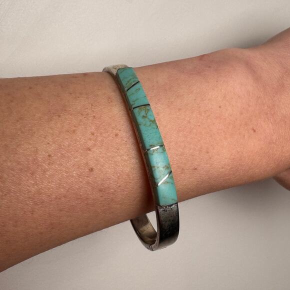Vintage Mexican 925 Sterling Silver Turquoise Bangle Bracelet - Picture 2 of 6